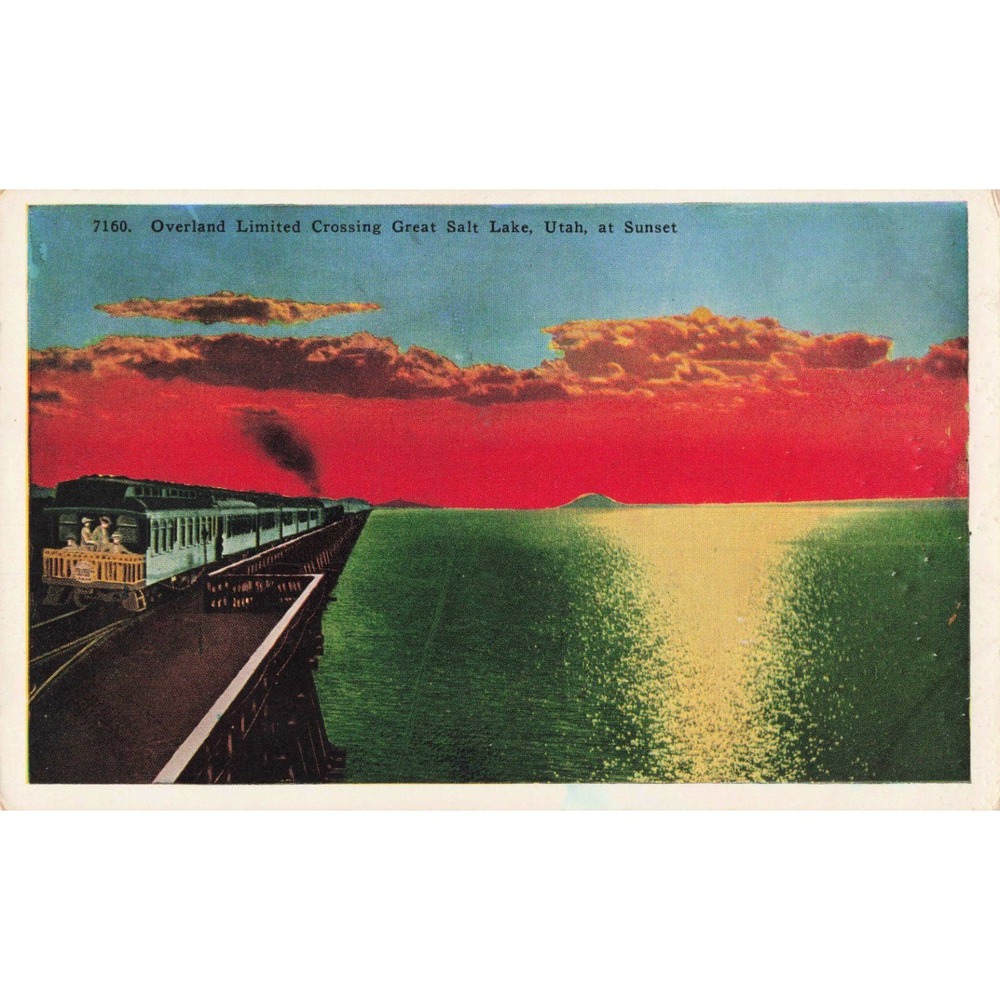 Great Salt Lake Utah UT Overland Limited Railroad Train Sunset Linen Postcard - Picture 1 of 2